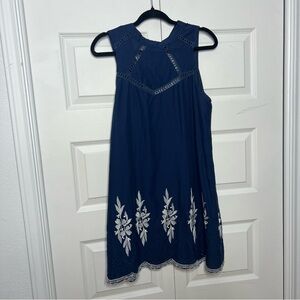 Loveriche Embroidered Dress Large Navy Blue Sleeveless Boho Floral Tie Back